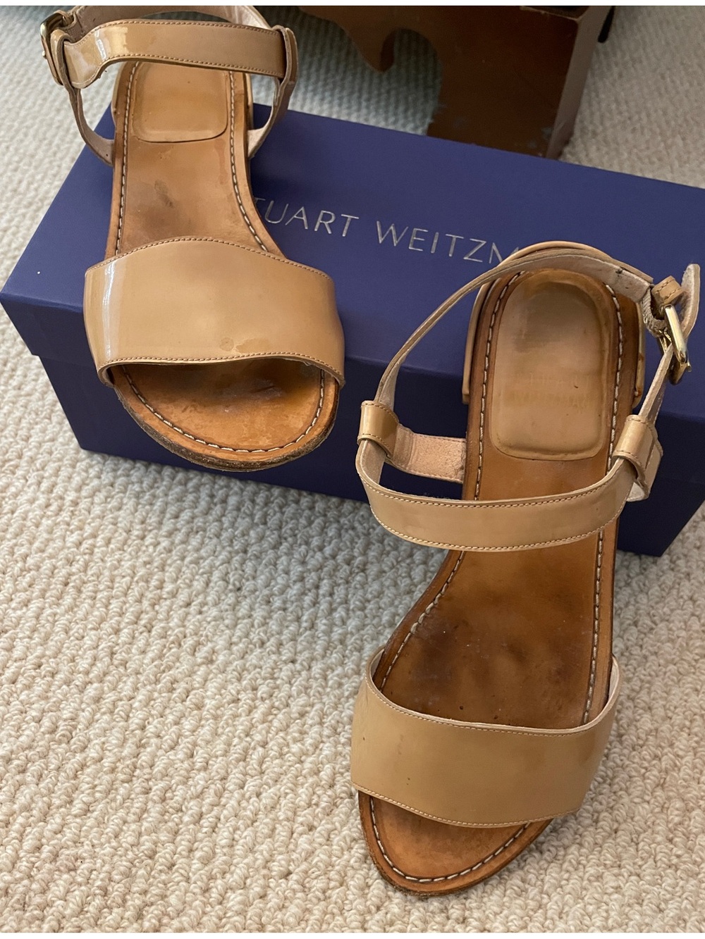 Stuart Weitzman Beige Leather Ankle-Strap Sandals